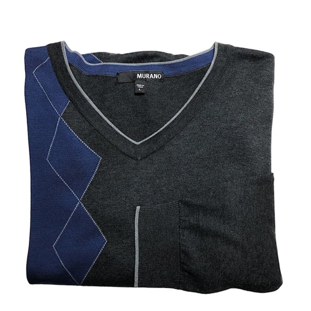 Murano Silk Cotton Blend V Neckline‎ Lightweight Gray Blue Sweater L